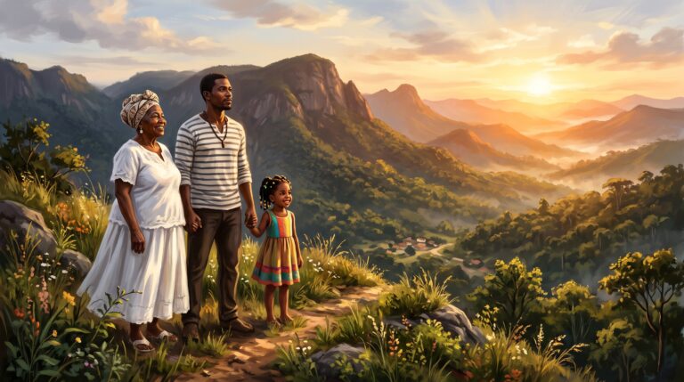 Três gerações de uma família negra no alto de um morro ao nascer do sol