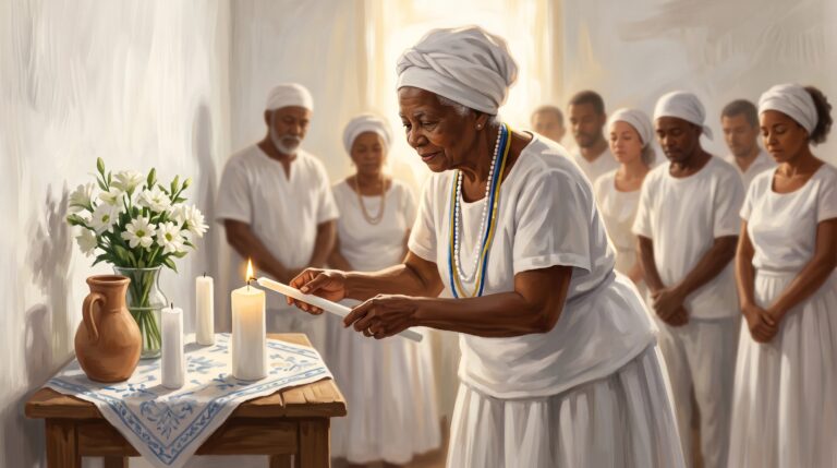 Mãe de santo vestida de branco acende uma vela no congá, com médiuns em oração ao fundo