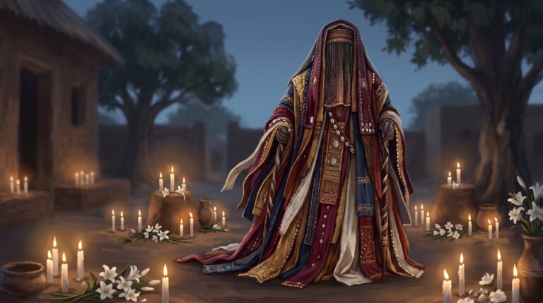 Egungun com vestes coloridas cobrindo todo o corpo, entre velas brancas acesas