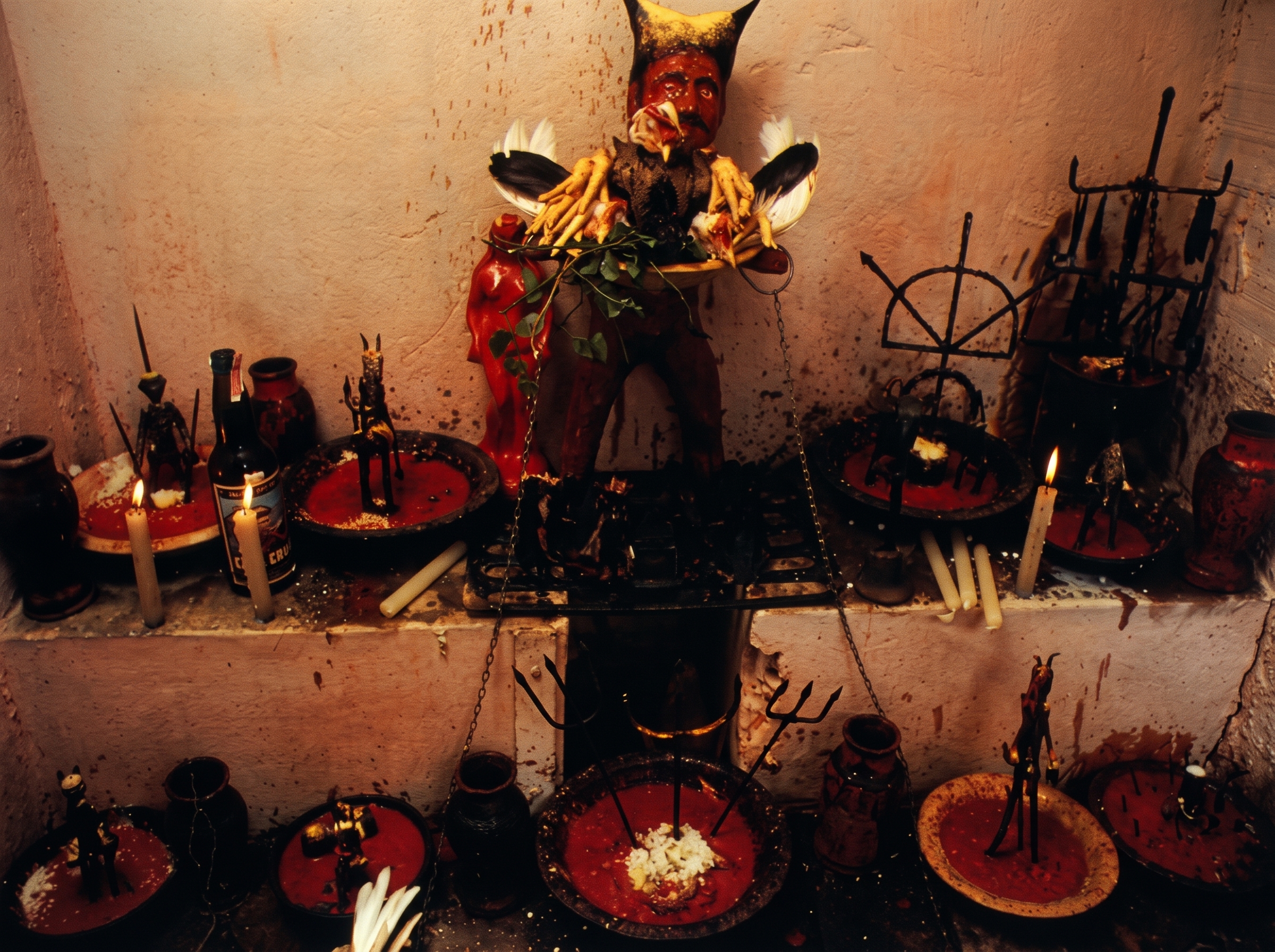 Assentamento de Exu com imagem de chifres, velas, alguidares e tridentes de ferro